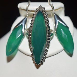 Handmade Sterling Silver Green Onyx Ring and Earrings Set